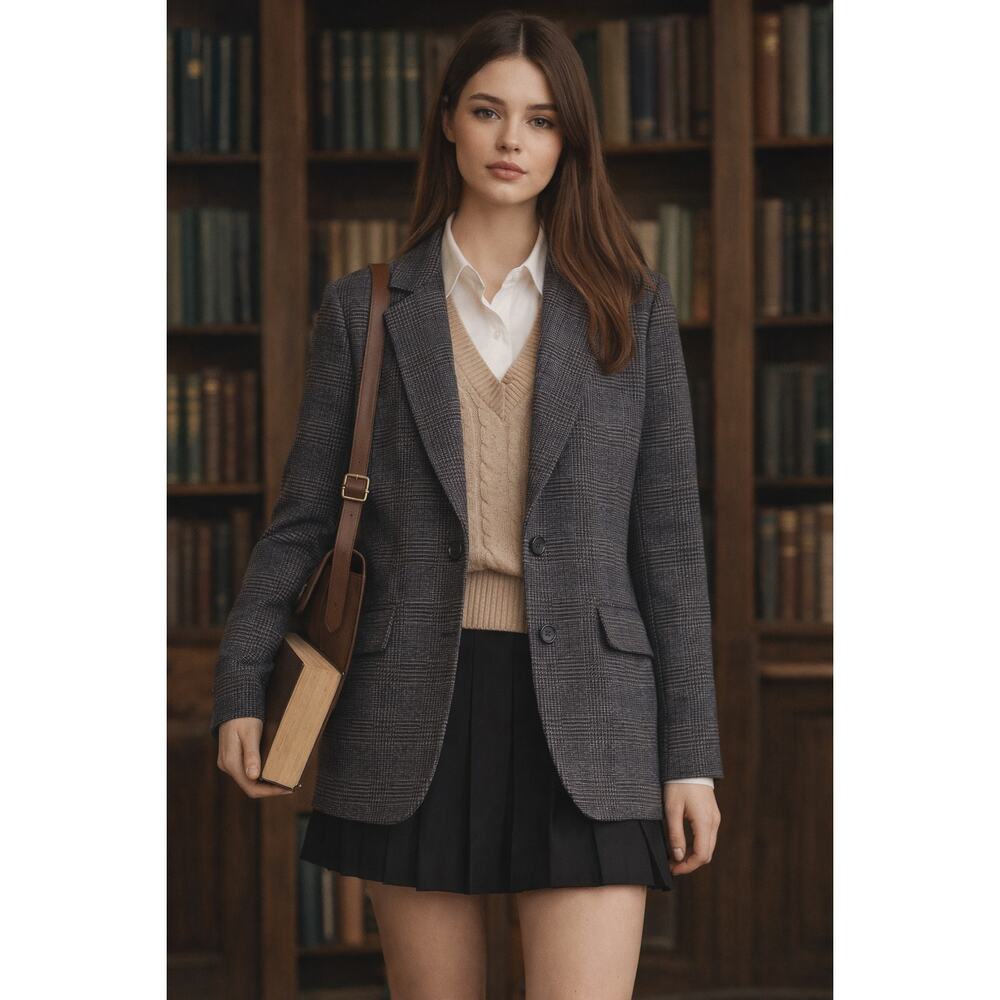 Pinko Prince of Wales Check Blazer Women Size 10 Gray NWOT Longline Tweed Jacket